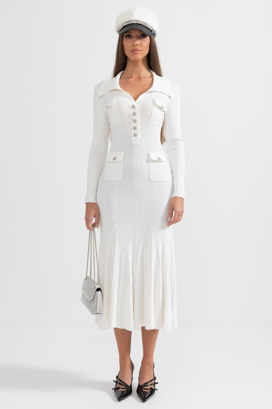 Sabine Long Sleeve Ribbed Midi Dress in White