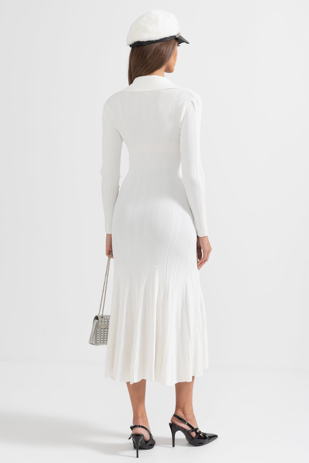 Sabine Long Sleeve Ribbed Midi Dress in White in White