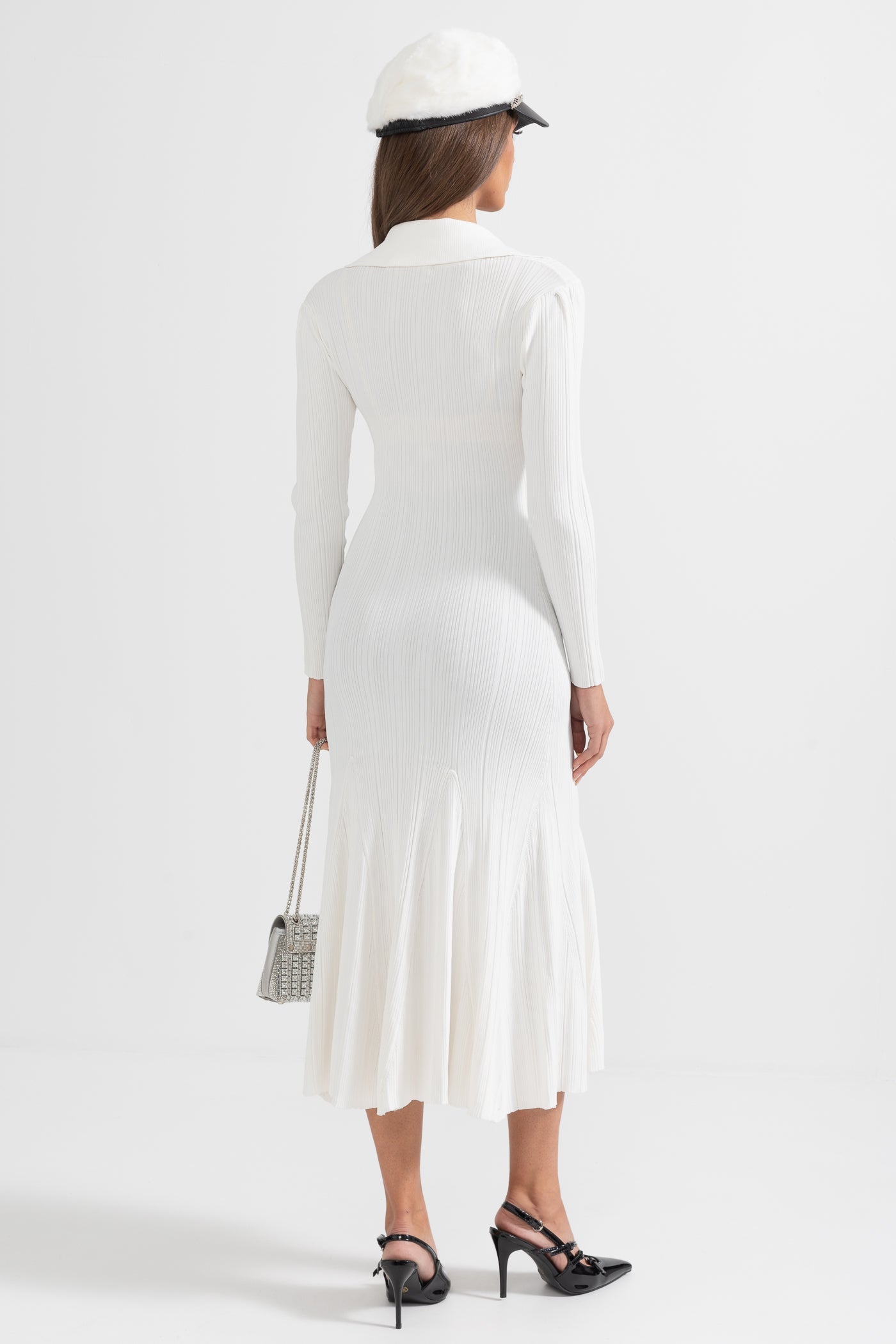 Sabine Long Sleeve Ribbed Midi Dress in White in White