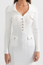Sabine Long Sleeve Ribbed Midi Dress in White in White