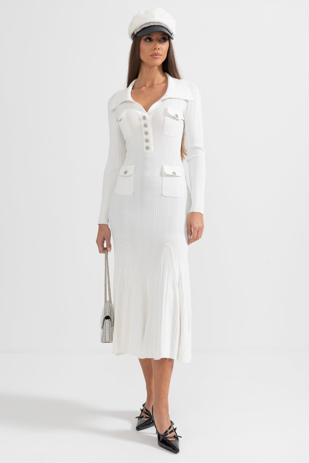 Sabine Long Sleeve Ribbed Midi Dress in White in White