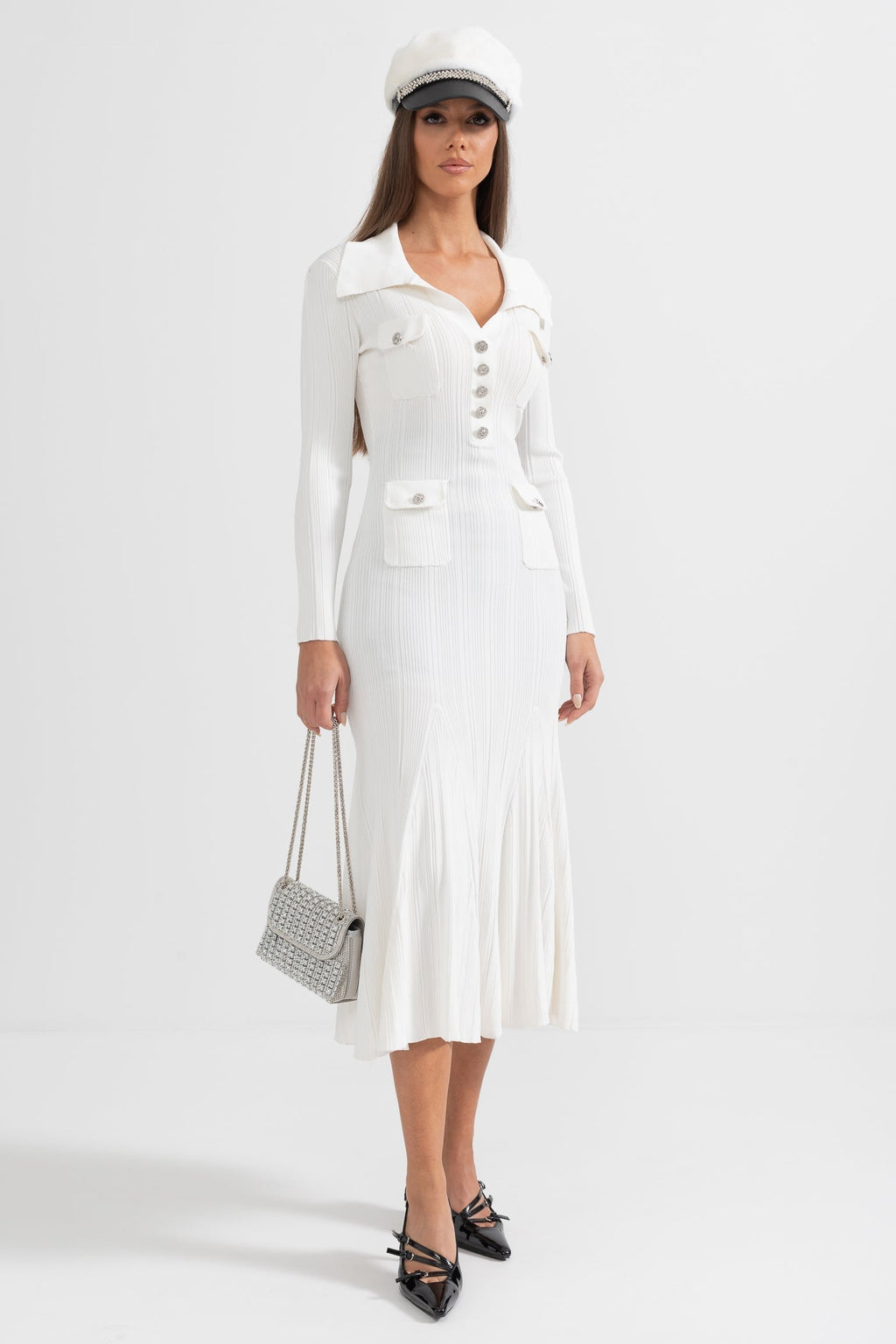 Sabine Long Sleeve Ribbed Midi Dress in White in White