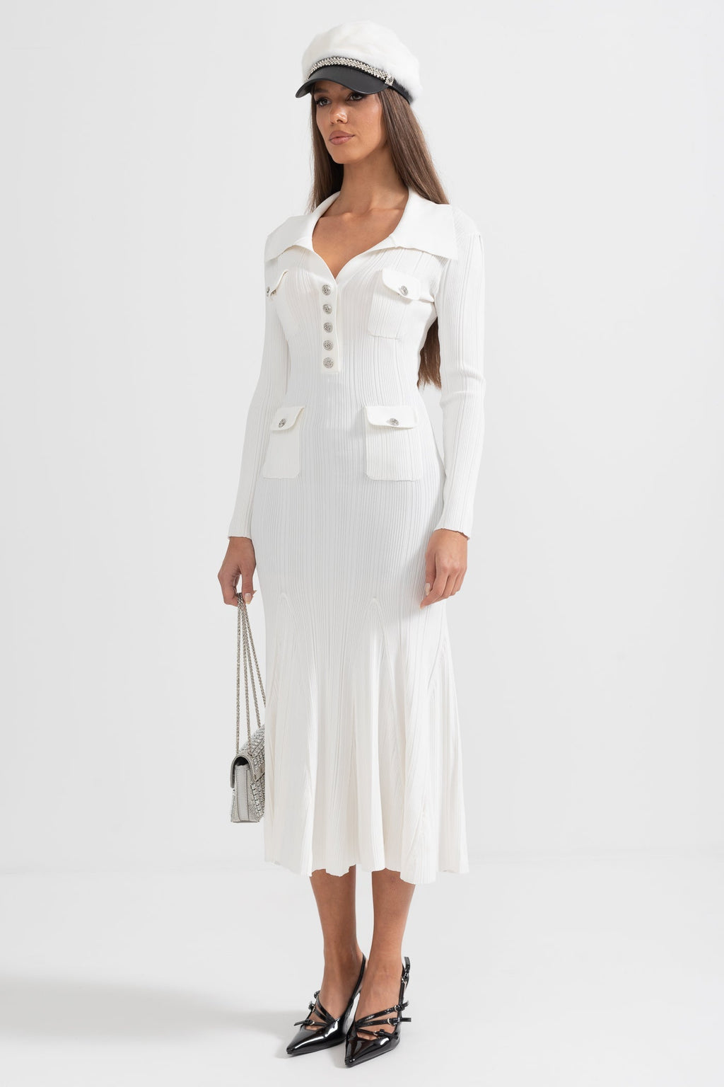 Sabine Long Sleeve Ribbed Midi Dress in White in White