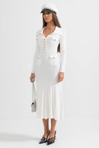 Sabine Long Sleeve Ribbed Midi Dress in White in White