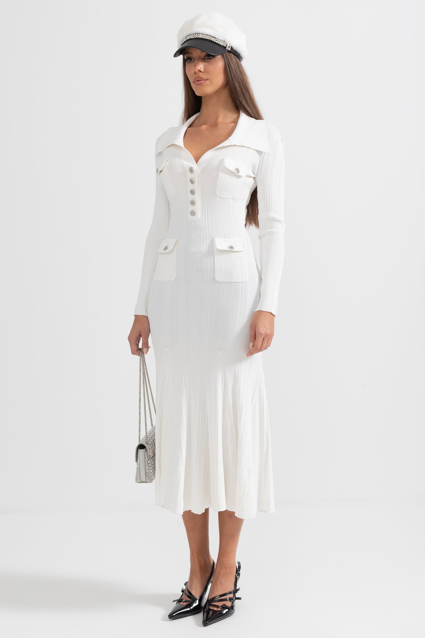 Sabine Long Sleeve Ribbed Midi Dress in White in White