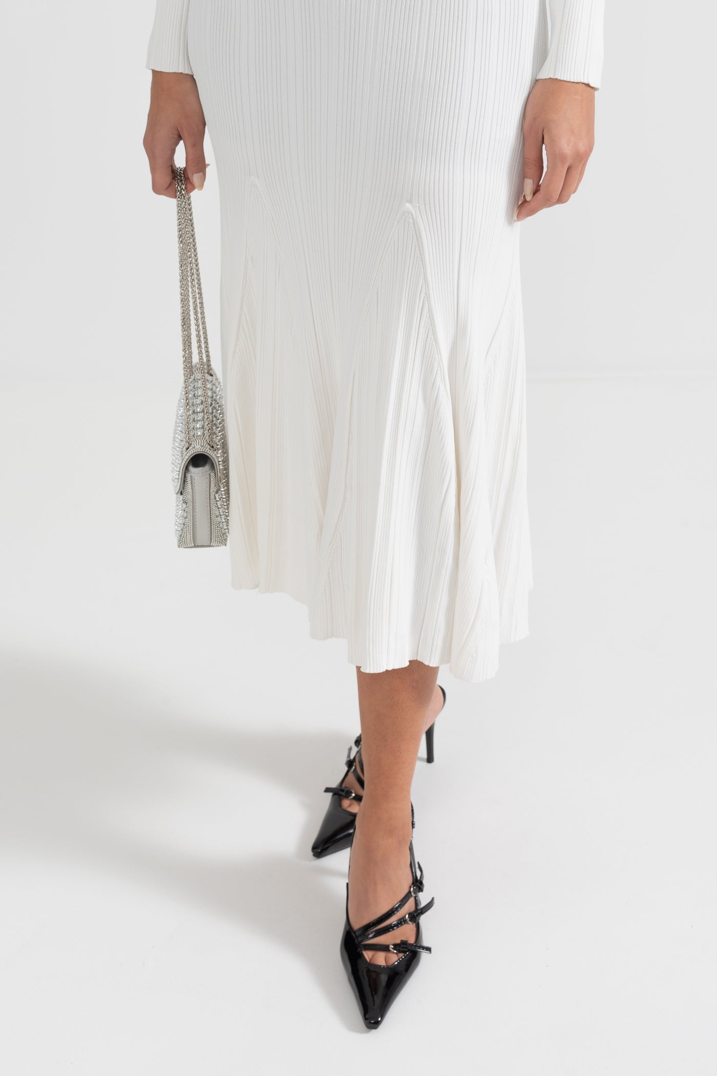 Sabine Long Sleeve Ribbed Midi Dress in White in White