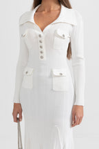 Sabine Long Sleeve Ribbed Midi Dress in White in White