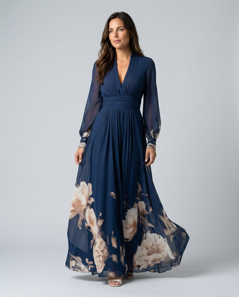 Sabine Pleated Navy Maxi Dress with Sheer Long Sleeves in Navy