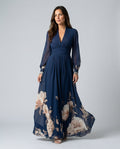 Sabine Pleated Navy Maxi Dress with Sheer Long Sleeves in Navy