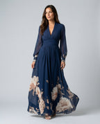 Sabine Pleated Navy Maxi Dress with Sheer Long Sleeves in Navy