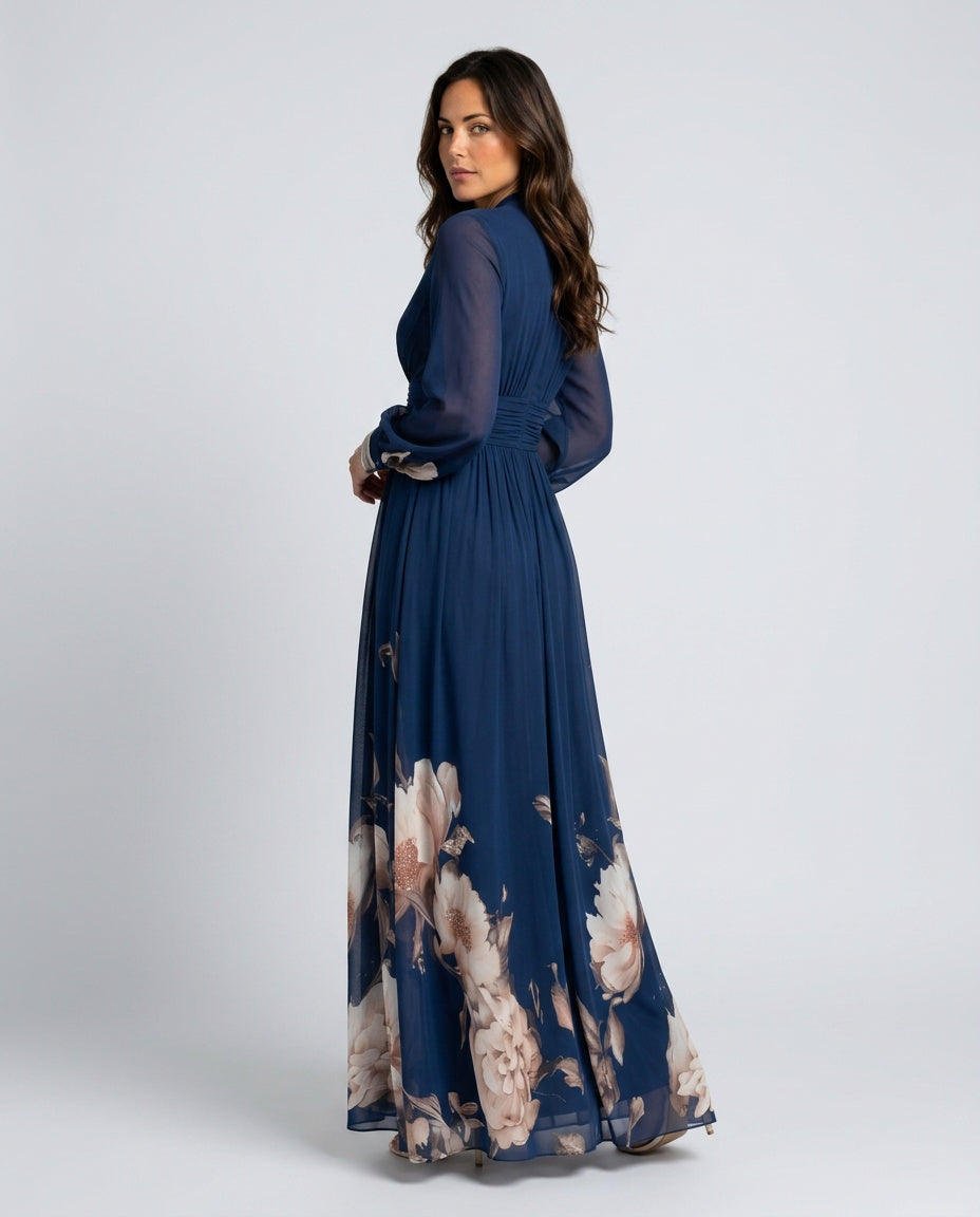 Sabine Pleated Navy Maxi Dress with Sheer Long Sleeves in Navy