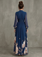 Sabine Pleated Navy Maxi Dress with Sheer Long Sleeves in Navy