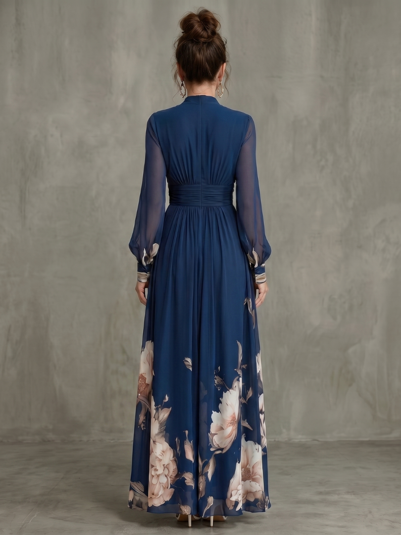 Sabine Pleated Navy Maxi Dress with Sheer Long Sleeves in Navy