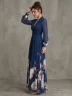Sabine Pleated Navy Maxi Dress with Sheer Long Sleeves in Navy