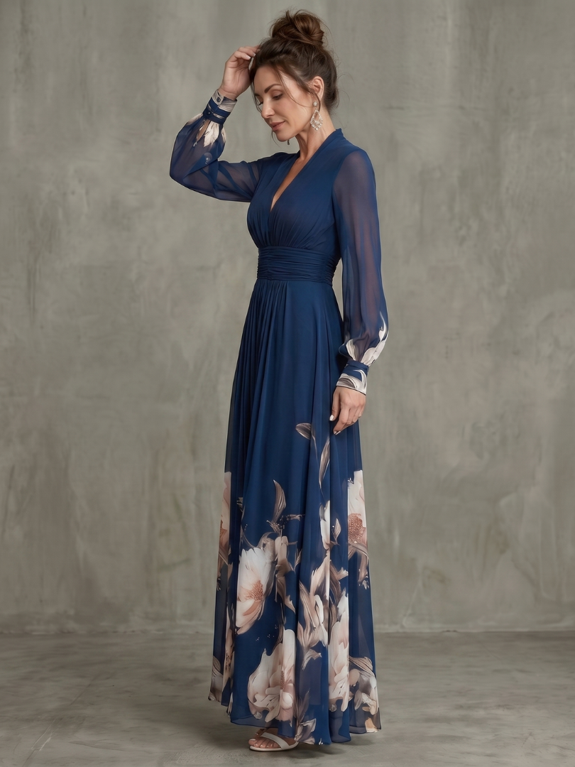 Sabine Pleated Navy Maxi Dress with Sheer Long Sleeves in Navy