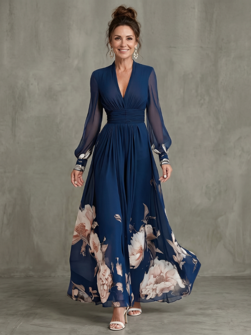 Sabine Pleated Navy Maxi Dress with Sheer Long Sleeves in Navy
