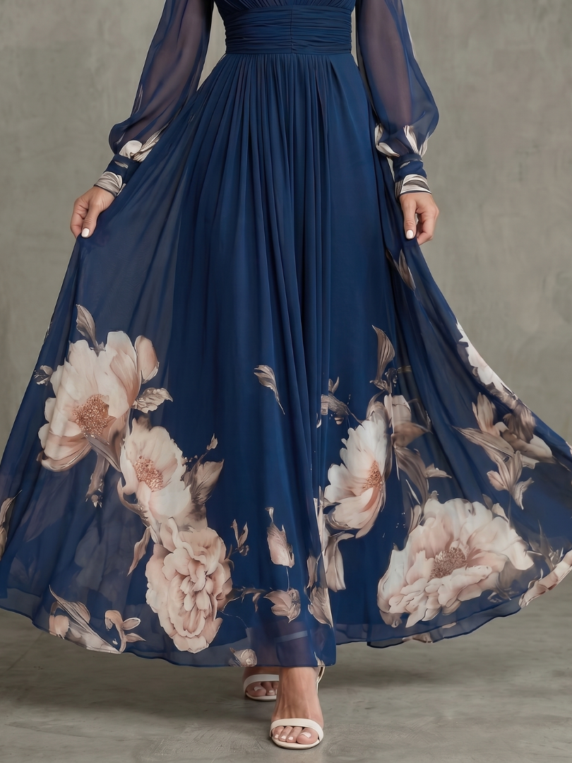 Sabine Pleated Navy Maxi Dress with Sheer Long Sleeves in Navy