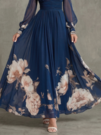 Sabine Pleated Navy Maxi Dress with Sheer Long Sleeves in Navy
