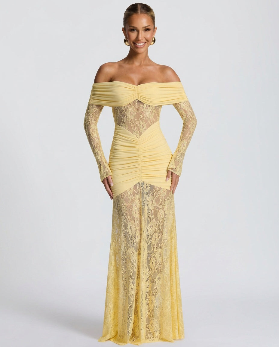 Sabine Strapless Maxi Dress with Long Sheer Lace Sleeves in Yellow