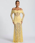 Sabine Strapless Maxi Dress with Long Sheer Lace Sleeves in Yellow