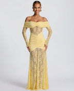Sabine Strapless Maxi Dress with Long Sheer Lace Sleeves in Yellow