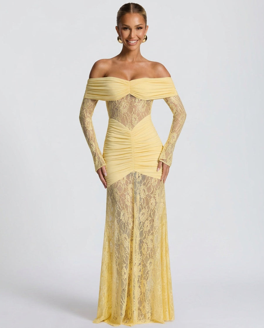 Sabine Off Shoulder Maxi Dress with Long Sheer Lace Sleeves in Yellow