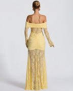 Sabine Strapless Maxi Dress with Long Sheer Lace Sleeves in Yellow
