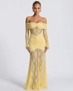 Sabine Strapless Maxi Dress with Long Sheer Lace Sleeves in Yellow
