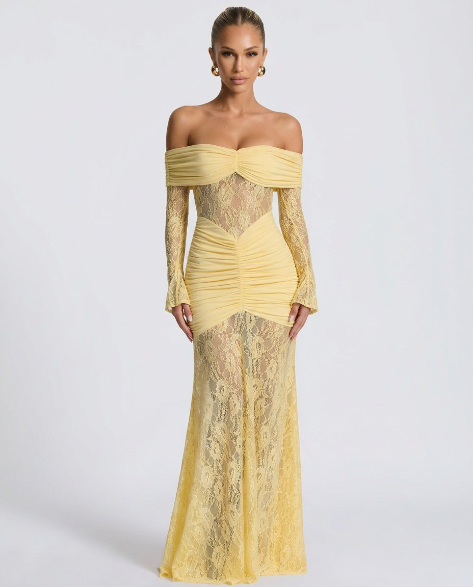 Sabine Strapless Maxi Dress with Long Sheer Lace Sleeves in Yellow