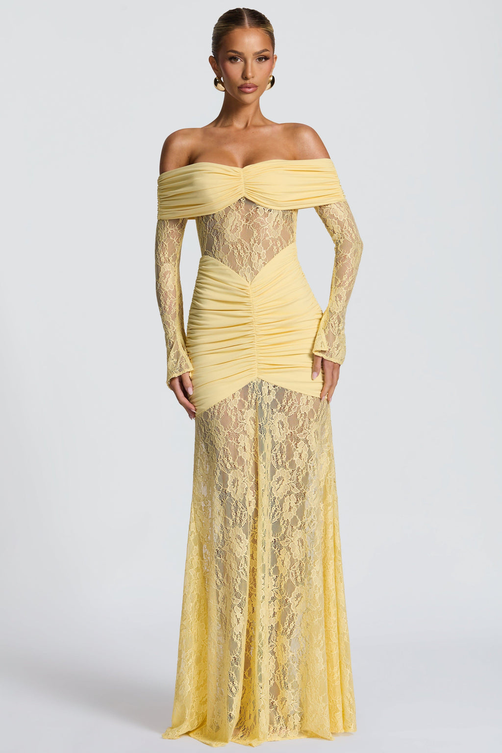 Sabine Strapless Maxi Dress with Long Sheer Lace Sleeves in Yellow