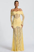 Sabine Strapless Maxi Dress with Long Sheer Lace Sleeves in Yellow