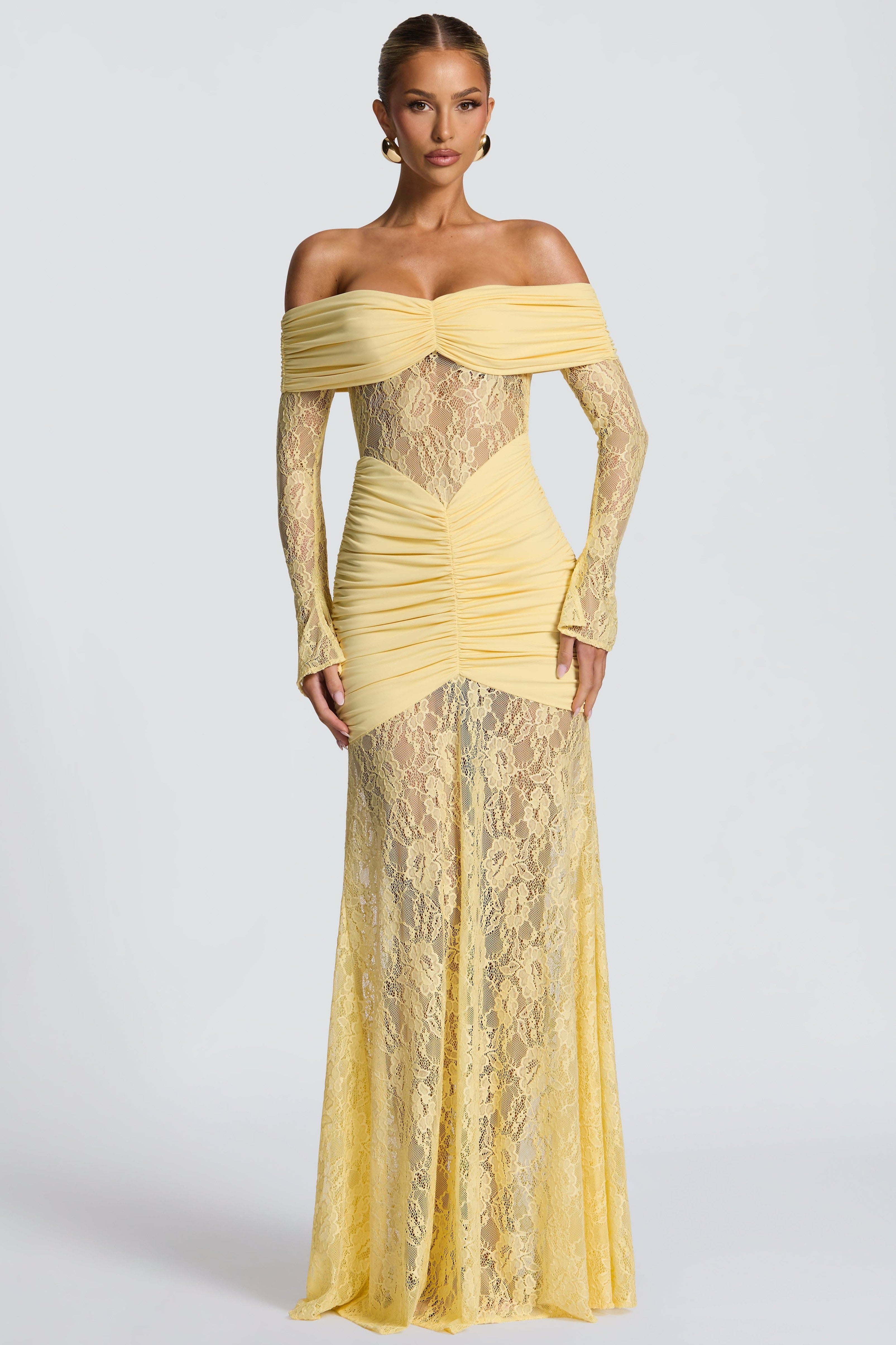 Sabine Strapless Maxi Dress with Long Sheer Lace Sleeves in Yellow