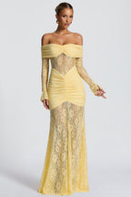 Sabine Strapless Maxi Dress with Long Sheer Lace Sleeves in Yellow