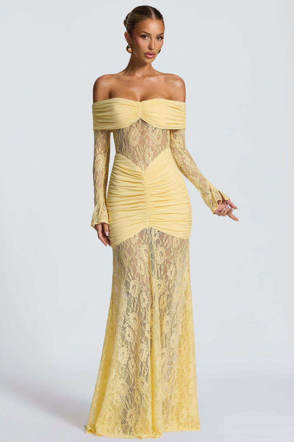 Sabine Strapless Maxi Dress with Long Sheer Lace Sleeves in Yellow