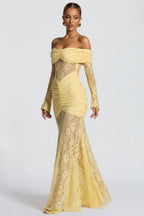 Sabine Strapless Maxi Dress with Long Sheer Lace Sleeves in Yellow