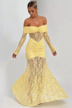 Sabine Strapless Maxi Dress with Long Sheer Lace Sleeves in Yellow