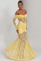 Sabine Strapless Maxi Dress with Long Sheer Lace Sleeves in Yellow