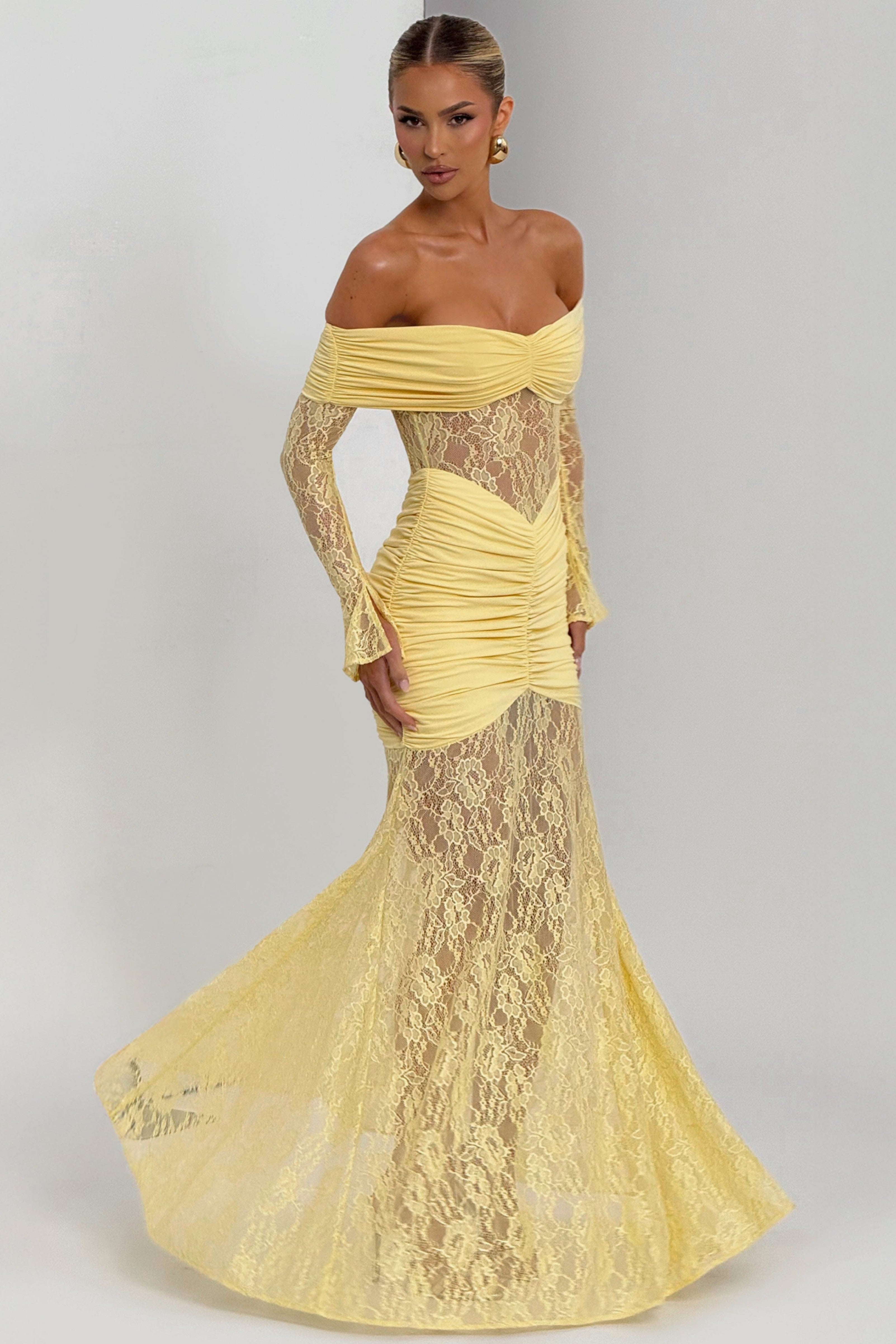Sabine Strapless Maxi Dress with Long Sheer Lace Sleeves in Yellow