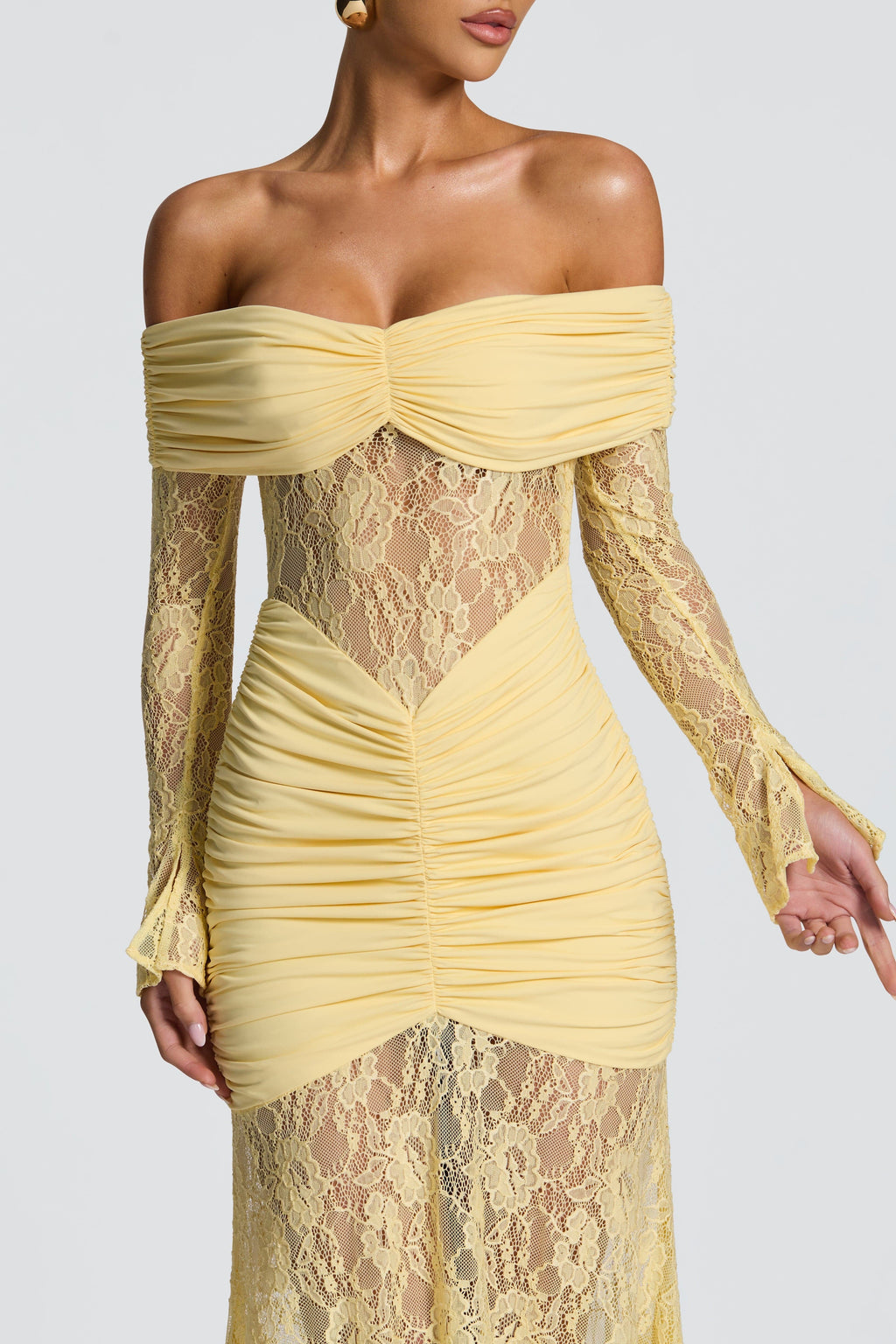 Sabine Strapless Maxi Dress with Long Sheer Lace Sleeves in Yellow