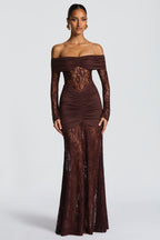 Sabine Strapless Maxi Dress with Long Sheer Lace Sleeves in Coffee