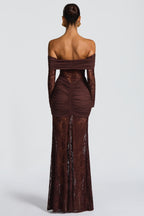 Sabine Strapless Maxi Dress with Long Sheer Lace Sleeves in Coffee