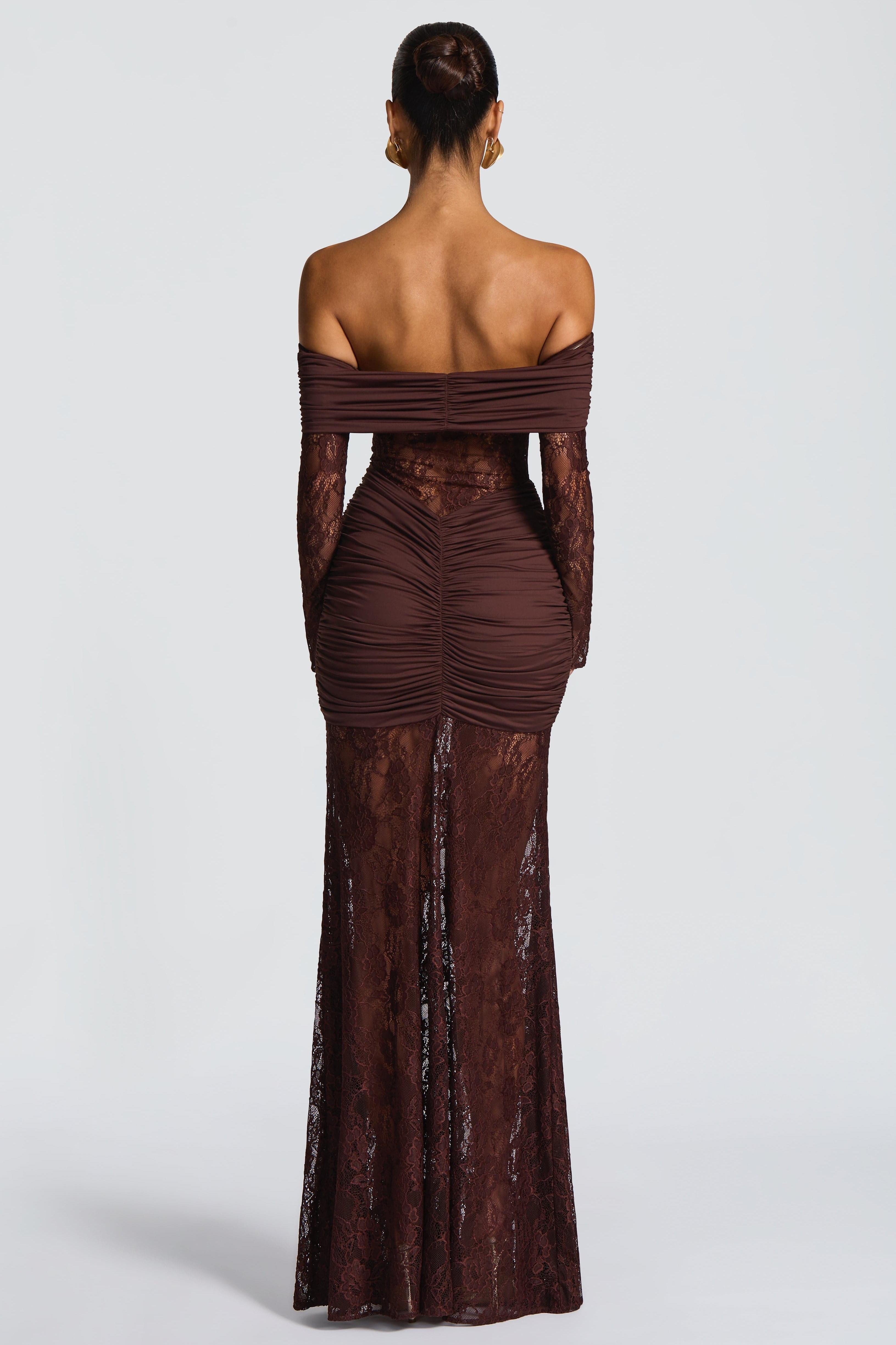 Sabine Strapless Maxi Dress with Long Sheer Lace Sleeves in Coffee