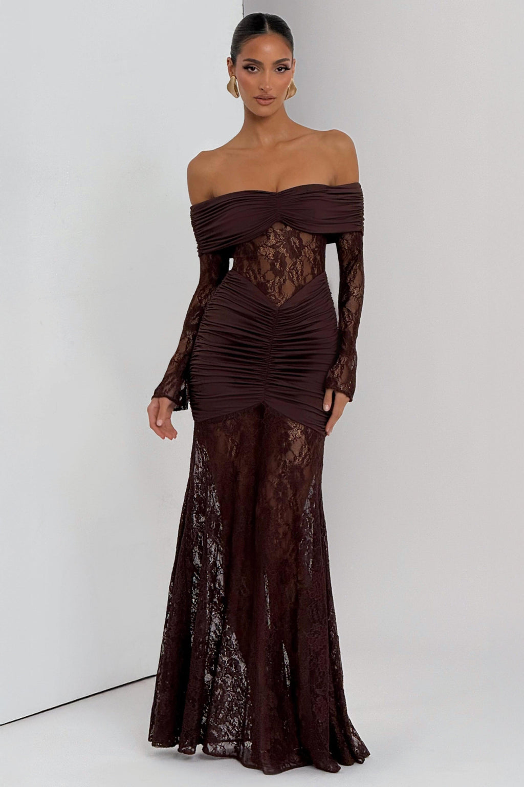 Sabine Strapless Maxi Dress with Long Sheer Lace Sleeves in Coffee