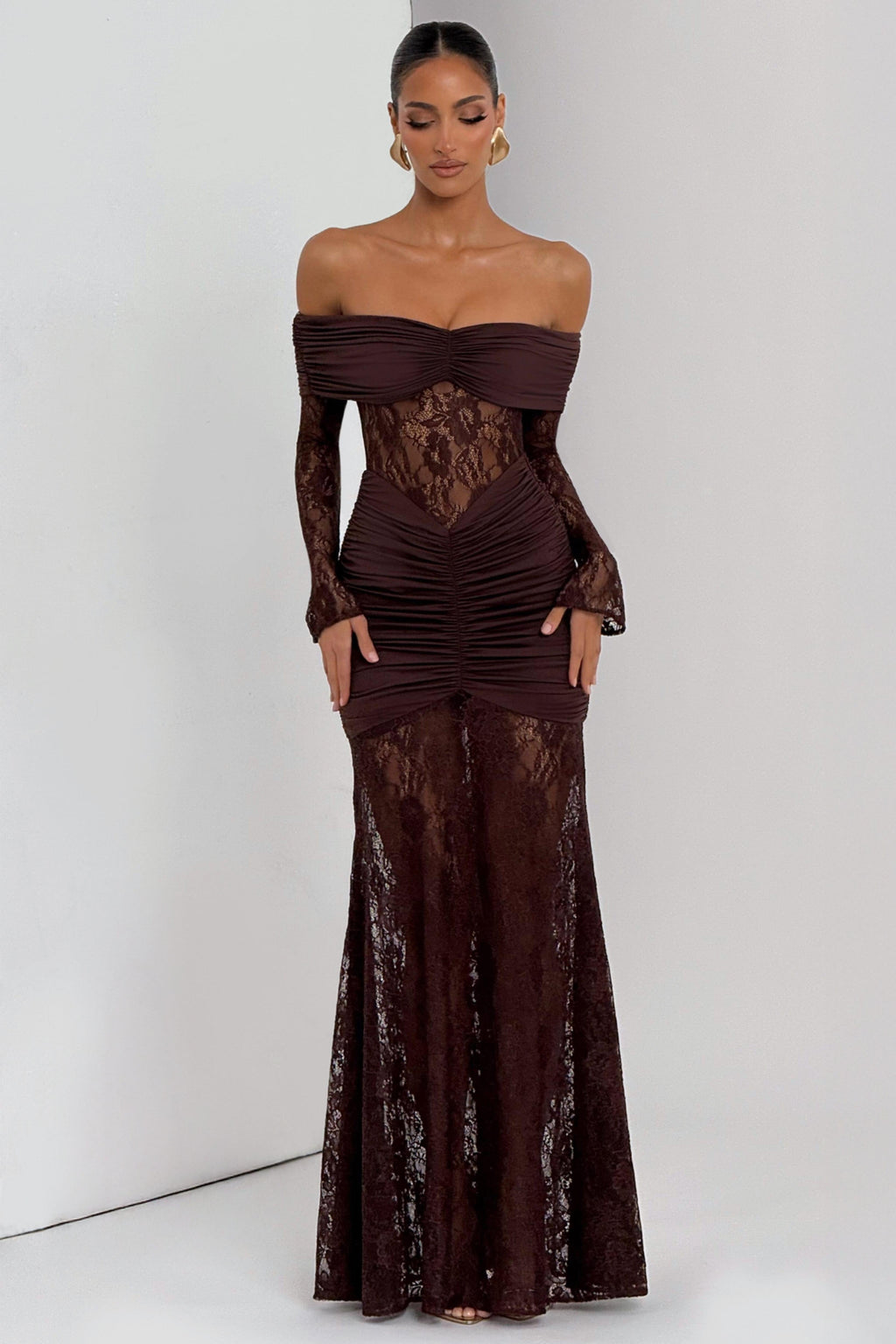 Sabine Strapless Maxi Dress with Long Sheer Lace Sleeves in Coffee