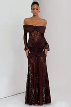 Sabine Strapless Maxi Dress with Long Sheer Lace Sleeves in Coffee
