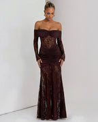 Sabine Strapless Maxi Dress with Long Sheer Lace Sleeves in Coffee