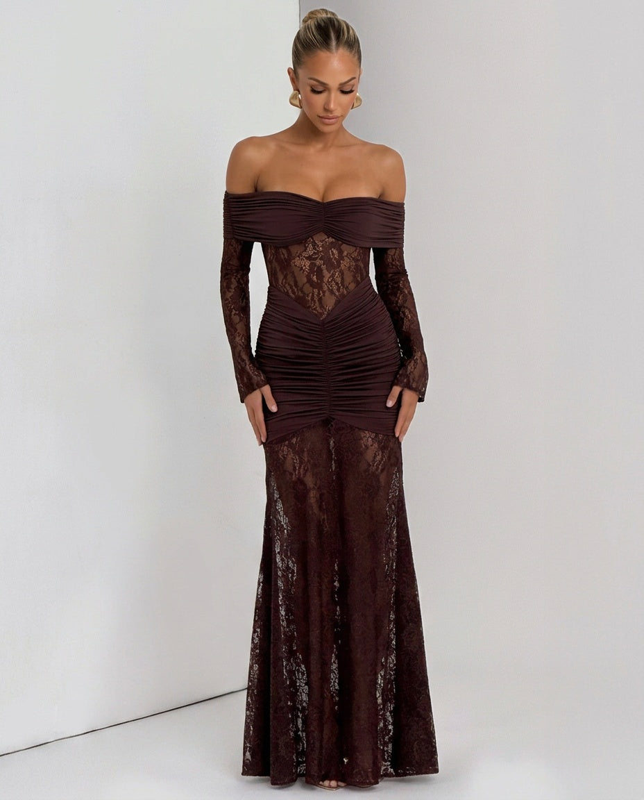 Sabine Strapless Maxi Dress with Long Sheer Lace Sleeves in Coffee