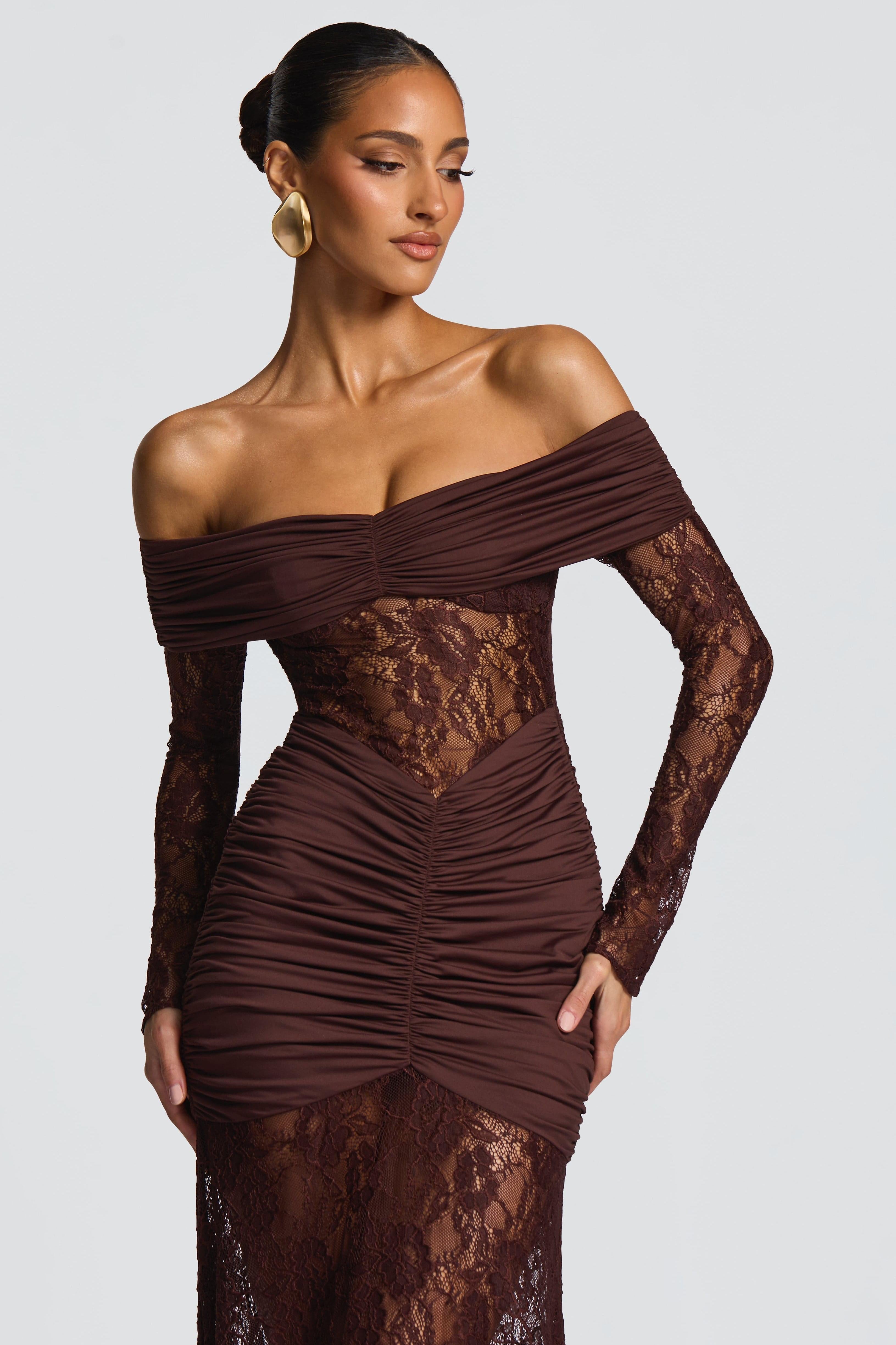 Sabine Strapless Maxi Dress with Long Sheer Lace Sleeves in Coffee