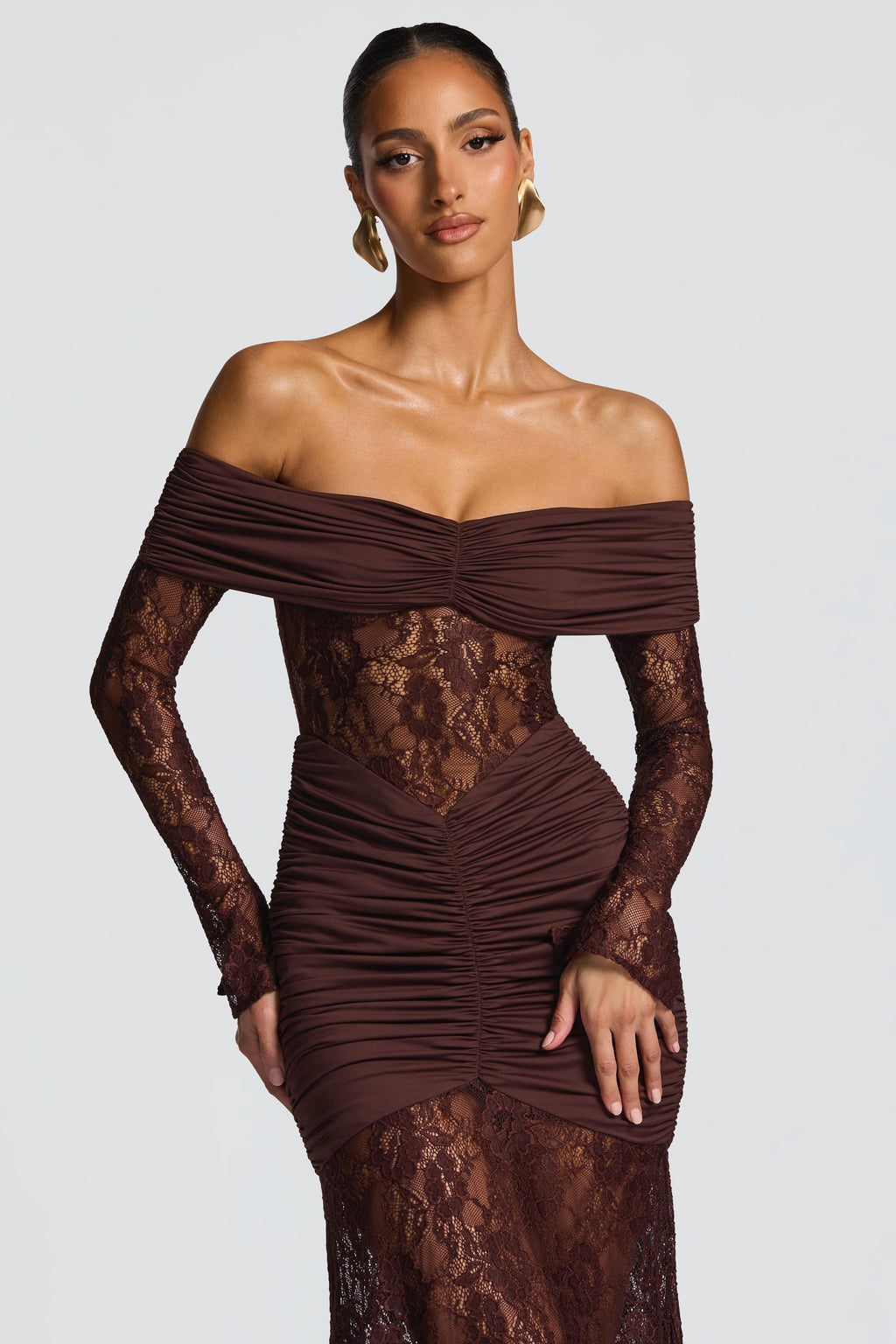 Sabine Strapless Maxi Dress with Long Sheer Lace Sleeves in Coffee