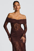 Sabine Strapless Maxi Dress with Long Sheer Lace Sleeves in Coffee